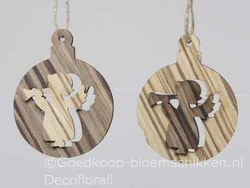 Hangers houten ballen engelen 2d naturel 8 cm set van 2