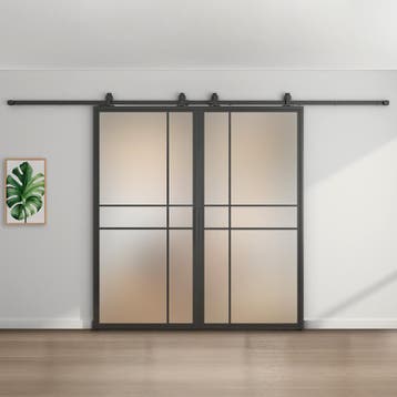 Dubbele stalen schuifdeur Zwart 6 Vlaks Mat glas Luxe design, 75 tot 150 cm, Nieuw, 150 tot 225 cm, Metaal