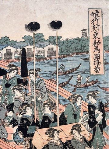 Procession of Women on Ryogoku Bridge  – ca 1830s -