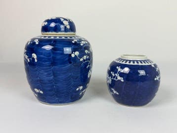 Twee blauw-witte Prunus Ice Crackle potten - Porselein -