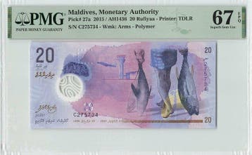 2015 Maldives 20 Rufiyaa Pick 27a Pmg Superb Gem Unc 67 Epq, Postzegels en Munten, Verzenden, België