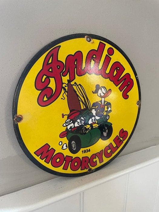 Indian Motorcycles emaille reclamebord – Donald Duck, Antiek en Kunst, Antiek | Wandborden en Tegels