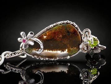 Collier en agate mousse – argent sterling – motif floral
