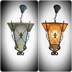 Lantaarn plafondlamp - opaalachtig. smeedijzer. messing.
