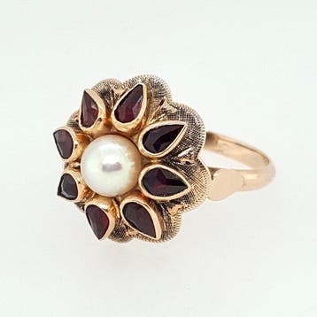 Ring - 14 karaat Geel goud Parel - Granaat, Nieuw