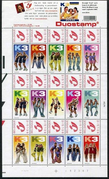 België 2002 - 3 Volledige vellen Duostamps : (2x) K3 en, Timbres & Monnaies