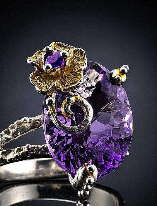Amethist - Zilver - Ring - Bloemenverklaring, Antiek en Kunst, Curiosa en Brocante