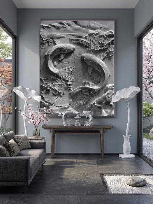 davey - Zen Balance – Bassorilievo Scultoreo con Carpe Koi, Antiquités & Art, Art | Objets design