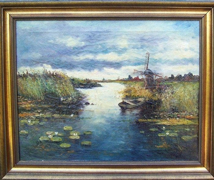 A. Hoskam (XX) - Polderlanschap met molen, Antiquités & Art, Art | Peinture | Classique