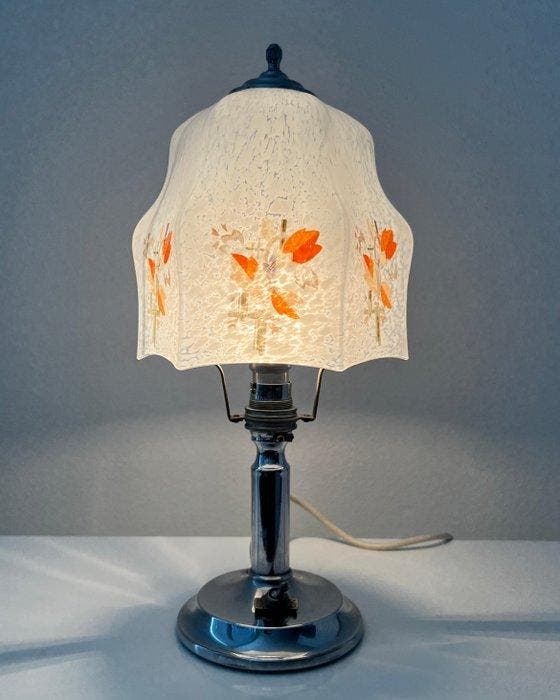 Tafellamp - H 34 cm - Metaal, Verchroomd, Glas - Edwardian, Antiek en Kunst, Curiosa en Brocante