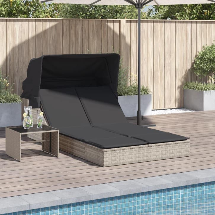 vidaXL Ligbed 2-persoons met luifel en kussens poly rattan, Tuin en Terras, Ligbedden, Nieuw, Verzenden