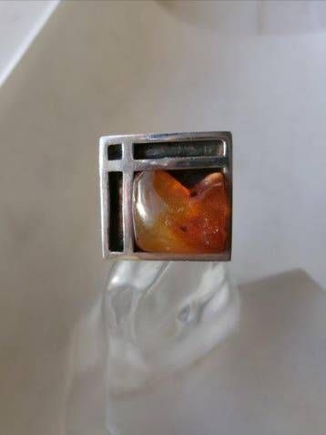 Zilver, Amber - Ring - Art Deco Bauhaus-stijl