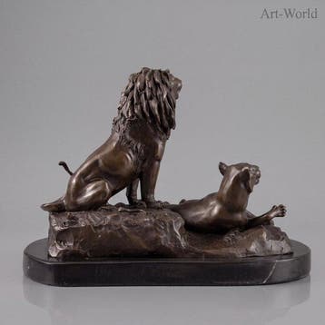 Beeld, Exclusief bronzen sculptuur van een leeuw en leeuwin, Antiek en Kunst