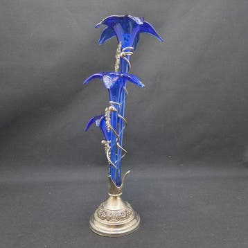 Vaas - Glas, Metaal - bloemenhouder, Antiek en Kunst