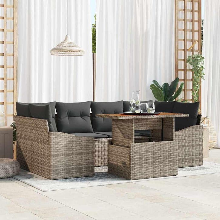 vidaXL Tuinbank Set 7 st Grijs Poly rattan, Tuin en Terras, Tuinsets en Loungesets, Nieuw, Verzenden