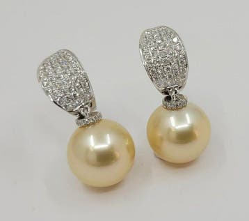 Oorbellen - 18 karaat Witgoud, 13 mm gouden Zuidzee parels -