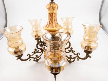Lampadario Artistico Veneto a 5 Luci in Ceramica di Bassano,