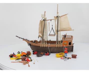Playmobil 3550 + 3570 Piratenschip met roeiboten, piraten..., Ophalen of Verzenden, Gebruikt