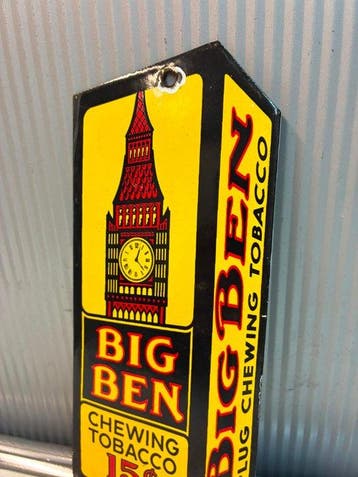 Vintage Big Ben Chewing Tobacco reclamebord – uitstekende