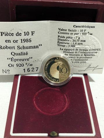 Frankrijk. 10 Francs 1986 Robert Schuman. Proof Gold
