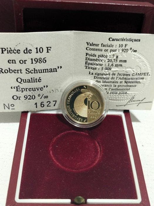 Frankrijk. 10 Francs 1986 Robert Schuman. Proof Gold, Postzegels en Munten, Munten | Europa | Niet-Euromunten