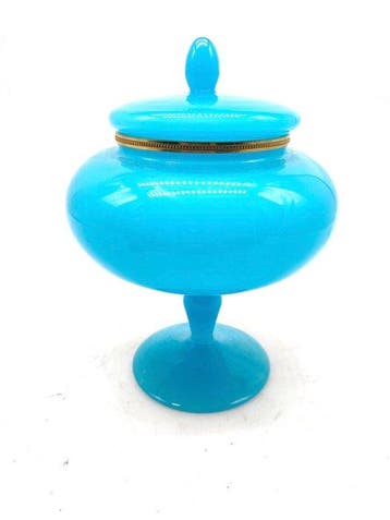 Centre de table - Boîte à bijoux ovale en opaline bleue, Antiek en Kunst, Antiek | Glaswerk en Kristal