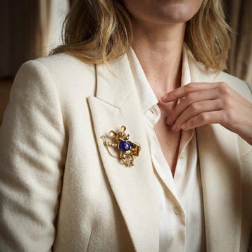 Broche - 18 karaat Geel goud Lapis lazuli - Vintage 18k goud