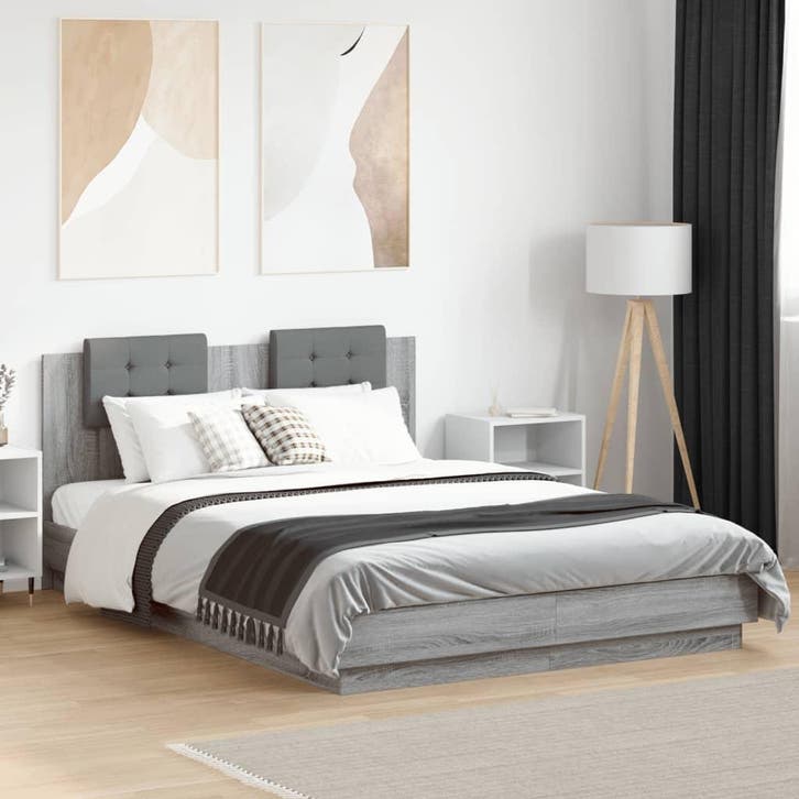 vidaXL Bedframe met hoofdeinde bewerkt hout grijs sonoma, Huis en Inrichting, Slaapkamer | Bedden, Nieuw, Verzenden