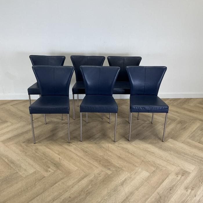 complete set van 6 eetkamerstoelen,  blauw leder Nieuw, Maison & Meubles, Chaises