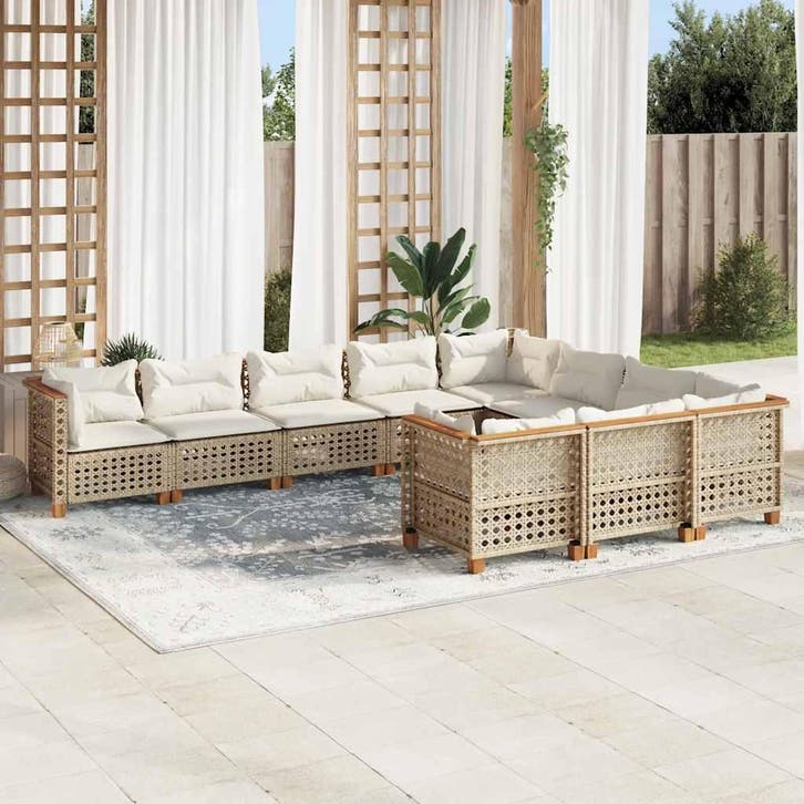 vidaXL 10-delige Loungeset met kussens poly rattan beige, Tuin en Terras, Tuinsets en Loungesets, Loungeset, Nieuw, Verzenden