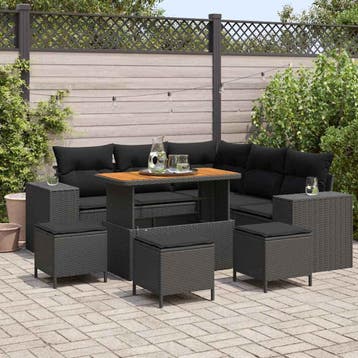vidaXL Tuinbank Set met kussen 9 pcs Zwart poly rattan, Verzenden