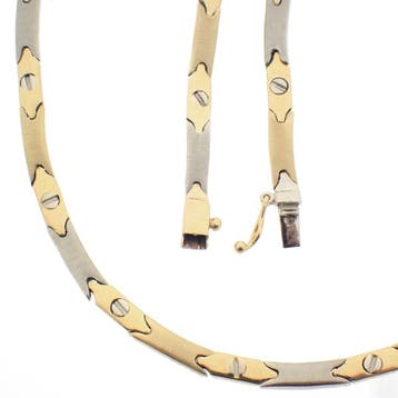 Bicolor gouden fantasie schakelcollier (Ketting), Handtassen en Accessoires, Kettingen, Ophalen of Verzenden, Gebruikt, Goud, Goud