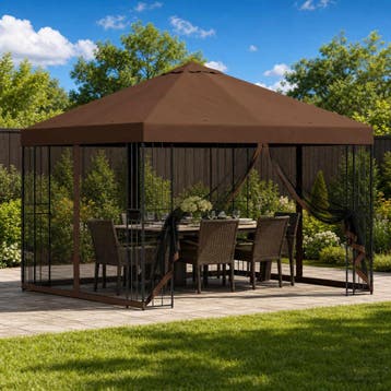 vidaXL Tuin gazebo met zijwanden 3 x 3 m Bruin Polyester en, Verzenden