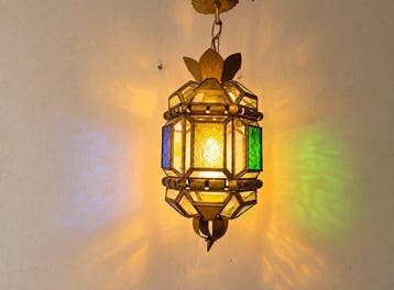Plafondlamp - Metaal, Glazuur, Glas - Granadastijl lantaarn, Antiek en Kunst