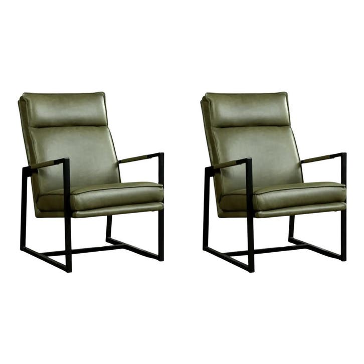 Set van 2 Leren fauteuils Square - Vintage Olive, Maison & Meubles, Fauteuils, Enlèvement ou Envoi