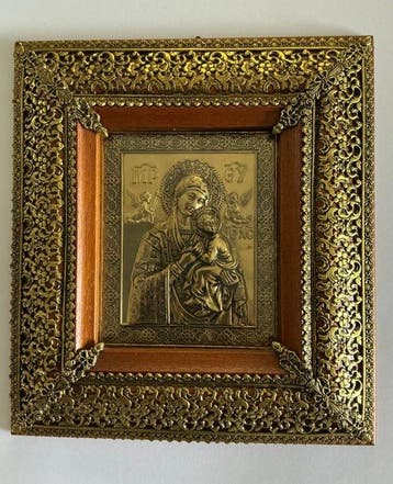 Icoon - Moeder Gods van de Passie - Hout, Messing, Glas