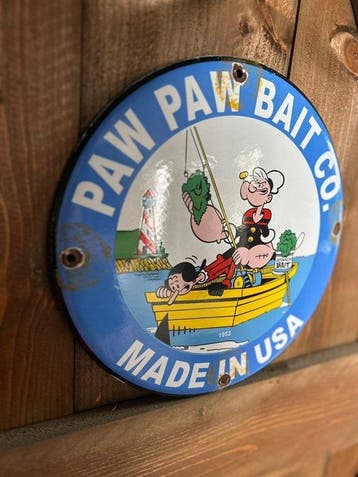 Emaille bord – Popeye “Paw Paw Bait Co.” 1953 – Made in USA