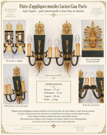 Lucien Gau - Wandkandelaar (2) - Verguld brons - Paar