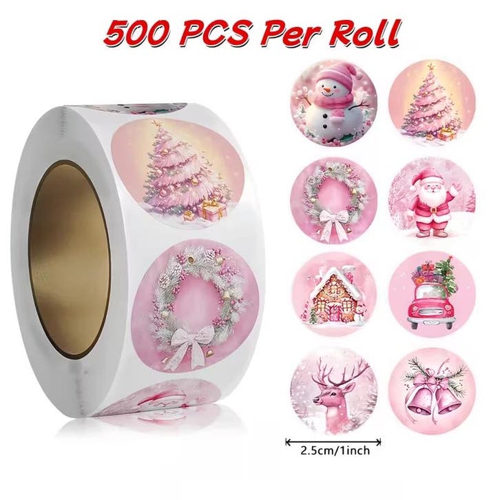 Sluitstickers kerstetiketten kerststickers roze vintage rond, Hobby en Vrije tijd, Knutselen, Nieuw