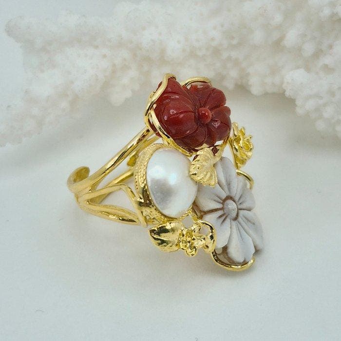 Koraal - Zilver - Ring - CORALLO MEDITERRANEO, Antiquités & Art, Curiosités & Brocante