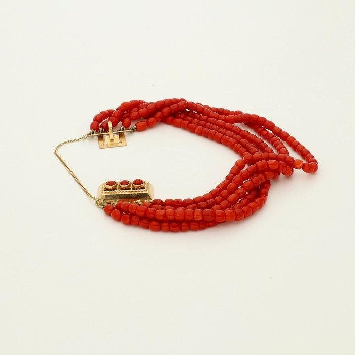 Bracelet - 14 carats Or jaune - corail rouge, Handtassen en Accessoires, Antieke sieraden