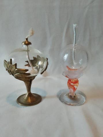 Olielamp (2) - Glas, Messing - Art Nouveau-stijl
