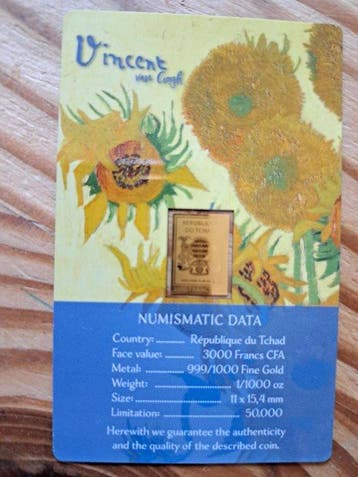 Tchad. 3000 Francs CFA Vincent Van Gogh, 1/1000 Oz (Sans