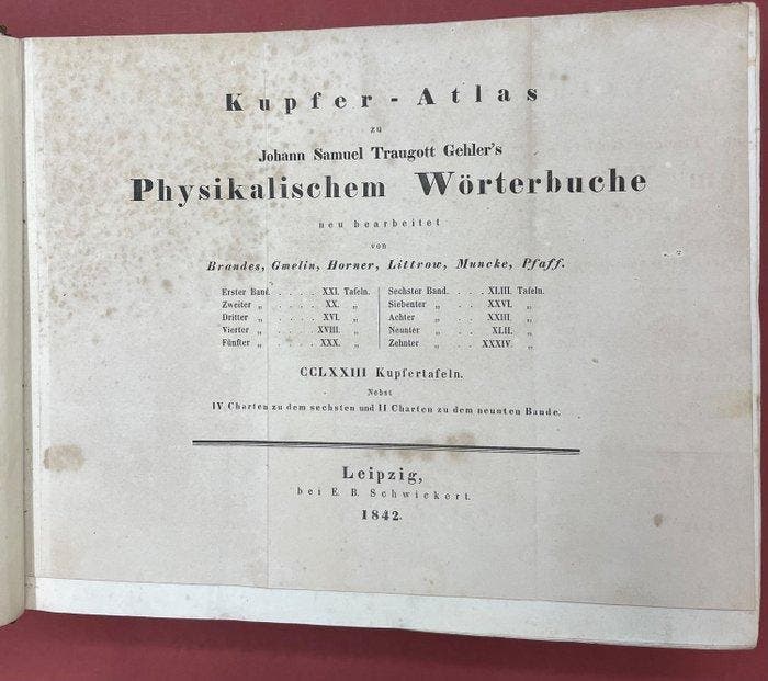 Gehler, Johann Samuel Traugott - Kupfer-Atlas zu Johann, Antiquités & Art, Antiquités | Livres & Manuscrits