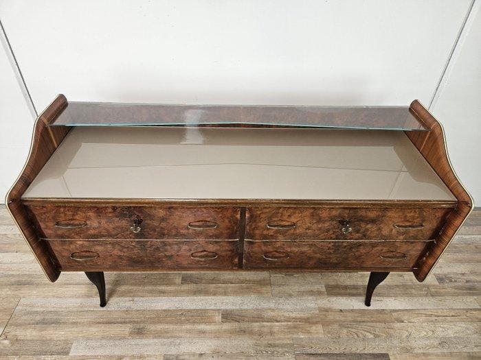 Ladekast - ladekast van notenhoutburl met dubbele glazen, Antiquités & Art, Art | Objets design