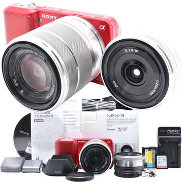 Sony a NEX-3 Red + E 3.5-5.6/18-55mm OSS + E 2.8/16mm, Audio, Tv en Foto, Nieuw