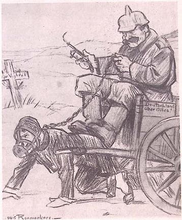 Man trekt Duitse wagen op spotprent (lijst optie), Verzenden, Foto of Poster