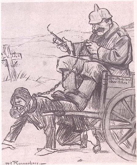 Man trekt Duitse wagen op spotprent (lijst optie), Verzamelen, Militaria | Tweede Wereldoorlog, Foto of Poster, Verzenden