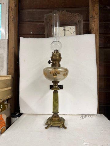 Oil Lamp, 19th Century - Petroleumlamp - Messing, Glas, Onyx, Antiek en Kunst
