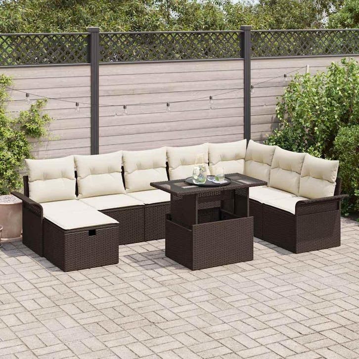 vidaXL Tuinbank Set met kussen met opslag 9 pcs Bruin Poly, Jardin & Terrasse, Ensembles de jardin, Envoi